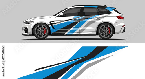Sleek customized sports car with bold blue and black graphics wrapping the white body.