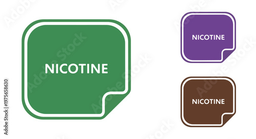 Set of three rounded square labels with the word NICOTINE displayed in white text on green, purple, and brown