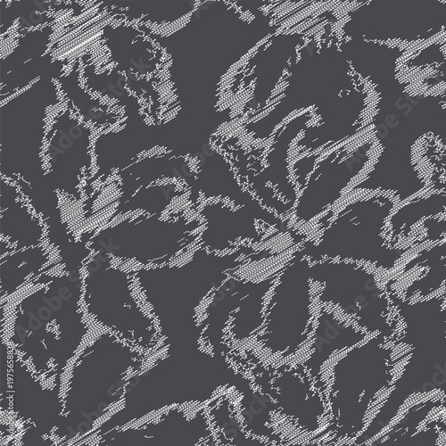 Seamless dark grey abstract floral grunge pattern. White textured hatching flower silhouette background. Edgy monochrome textile design.