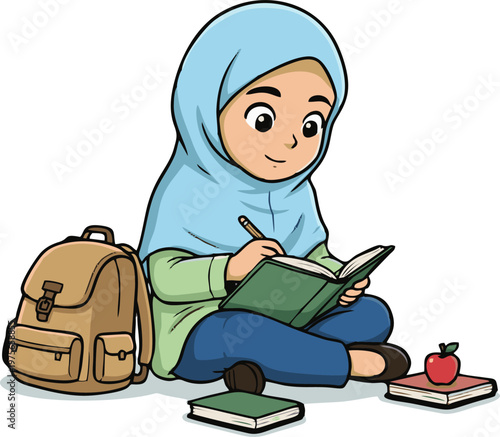 Young Muslim Girl Enthusiastically Studying and Writing in a Book with School Supplies Perfect for Educational Concepts