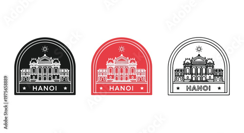 Collection of three stylized emblems featuring the historic Presidential Palace in Hanoi, Vietnam, in black, red