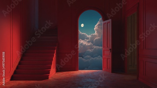 Surreal Red Interior With Open Door Revealing Cloudy Sky With Moon And Stairs Leading Upward Towards The Light Dreamlike Ambiance