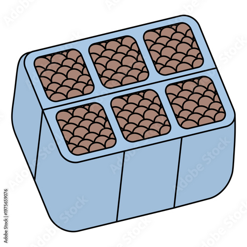 Seedling pots filled with soil. Blue square containers. Six molds for sowing seeds. Color vector illustration.  Isolated on white background. Idea for web design.
