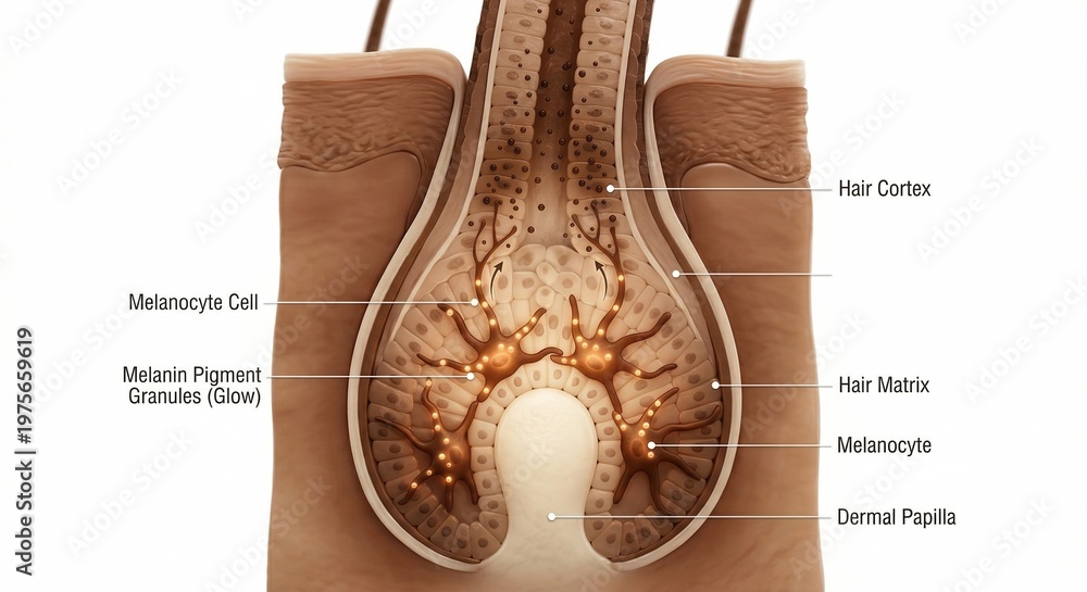 Fototapeta premium Scientific 3D render of hair bulb anatomy showing active melanocyte cells producing melanin pigment granules within hair matrix and dermal papilla