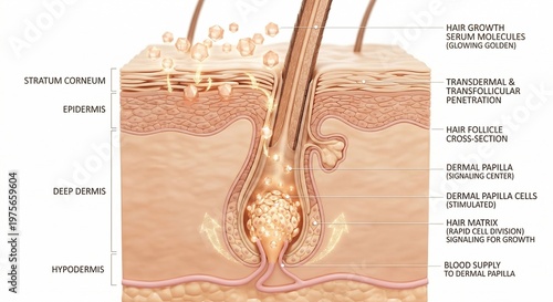 Scientific 3D cross section of skin showing hair growth serum molecules penetration through epidermis to dermal papilla and hair matrix