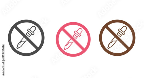 Three prohibition signs with a dropper icon inside, indicating no liquid or substance can be dispensed