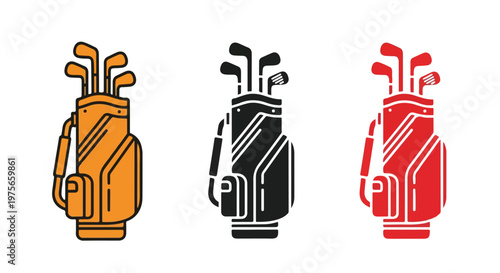 Three stylized golf bags filled with clubs in orange, black, and red colors against a white background