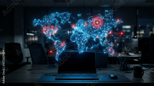 Glowing Holographic World Map with Red Cyber Threat Warning Alerts and Attack Routes Above Laptop in Dark Office Night Scene