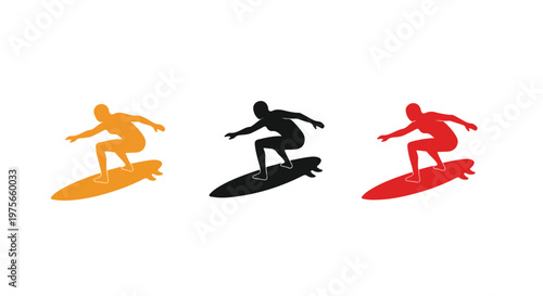 Three colorful silhouette surfers riding surfboards on waves, representing different styles and energy for water sports