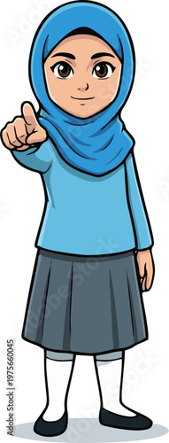 Young Muslim Girl Pointing Finger Forward Engagingly Cartoon Illustration for Educational and Diversity Content