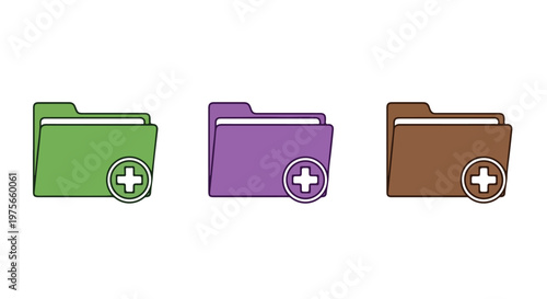 Three colorful digital document folders with plus icons indicating adding new files or creating new folders
