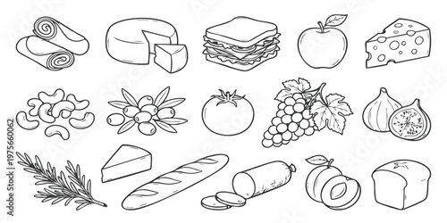Set of hand drawn food icons featuring cheese bread fruits vegetables and deli snacks vector illustration
