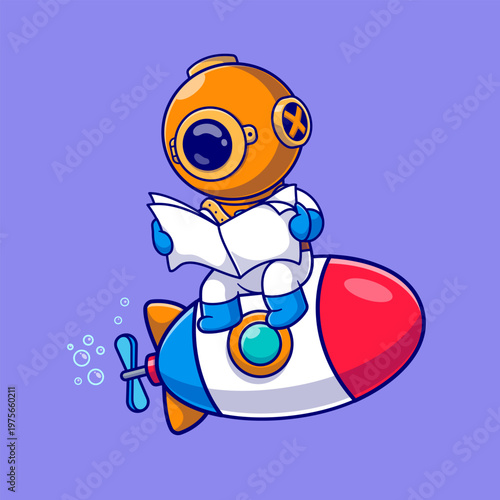 Cute Diver Reading Newspaper On Submarine Cartoon 