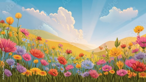 Vibrant Meadow Sunrise with Diverse Wildflowers and Rolling Hills Under a Sunburst Sky with Scattered Clouds