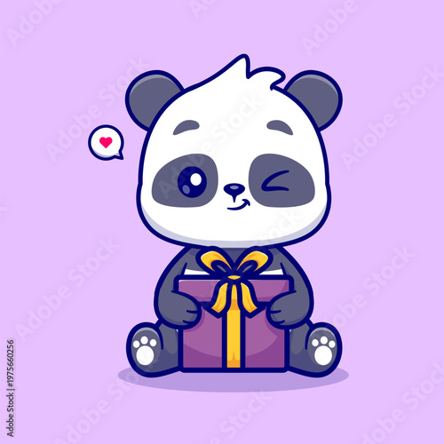 Cute Panda Holding Gift Box Cartoon