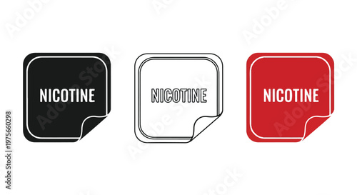 Set of three simple graphic icons representing nicotine warning labels in black, white outline, and red colors