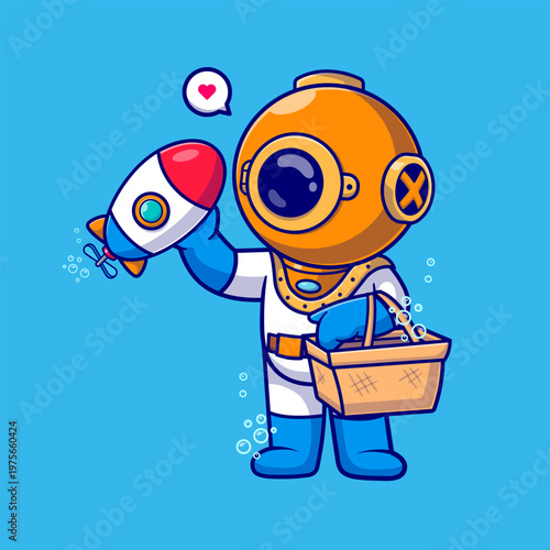 Cute Diver Holding Basket With Submarine Toy Cartoon
