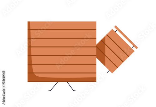 Wooden table and chair for terrace, balcony, patio, top down view. Wood plank outdoor furniture, from above, overhead, for floor plan design. Flat vector illustration isolated on white background