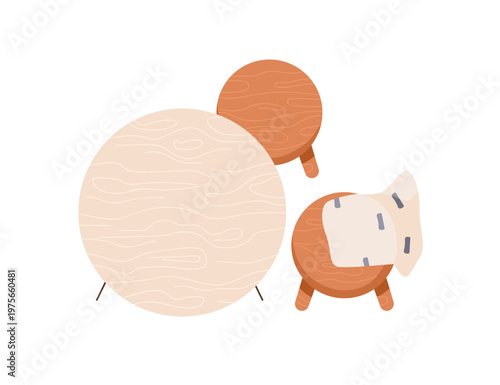 Round table and stools, top down view. Wooden furniture set for dining room, home interior design, floor plan from above. Modern wood seats. Flat vector illustration isolated on white background