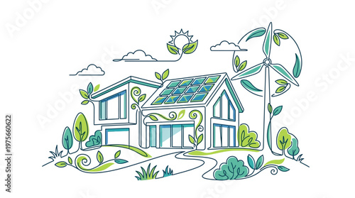 Eco friendly house with wind turbine.