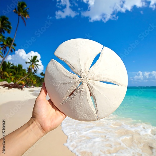 A hand holding a sand dollar on a tropical beach with turquoise water