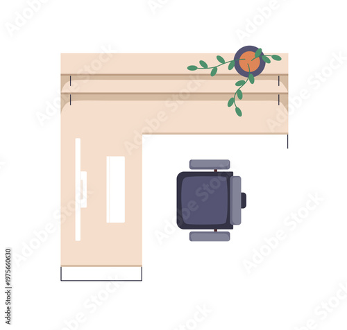 Corner desk with office chair and shelf, top down view. Work place, wooden ta...