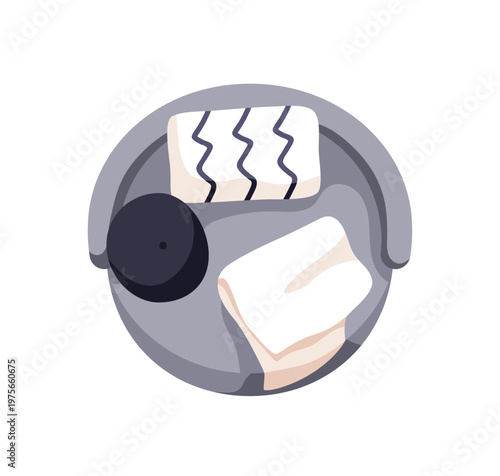 Cozy armchair design, round circle shape, top above view. Interior chair with cushions, plaid throw. Soft upholstered furniture for living room. Flat vector illustration isolated on white background