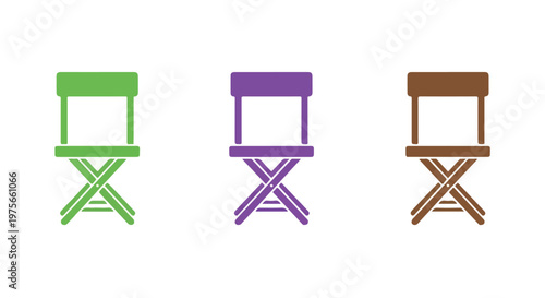 Three colorful director chairs in green, purple, and brown arranged side by side on a white background