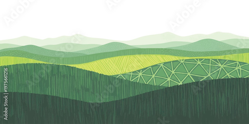 Abstract green landscape with rolling hills and textured patterns, flat minimalist nature vector illustration design background