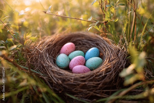 Bird's Nest with Pastel Colored Eggs Nestled in Green Foliage Bathed in Warm Golden Hour Sunlight Creating a Serene and Hopeful Atmosphere
