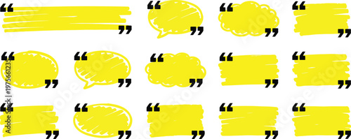 Quotation mark text box frame set. Hand drawn marker brush stroke text message frame background. Quotation mark dialog speech, square, chat banner design template. Vector illustration