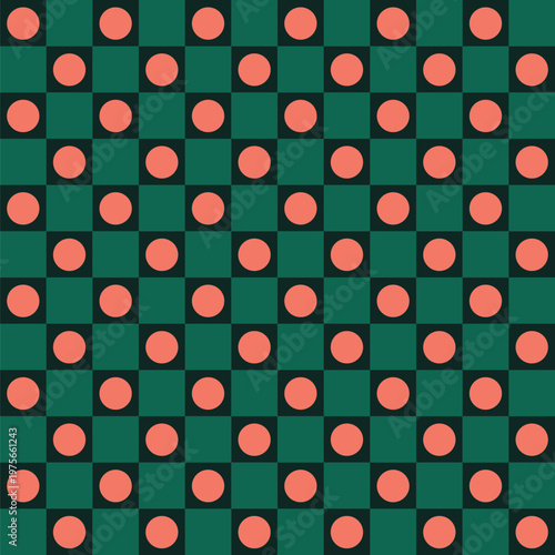 Seamless pattern created from peach circles in deep green squares and green squares