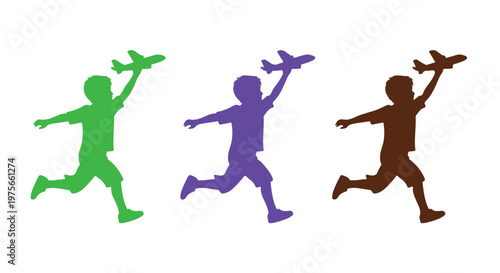 Three colorful silhouettes of children running and playing with toy airplanes against a white background