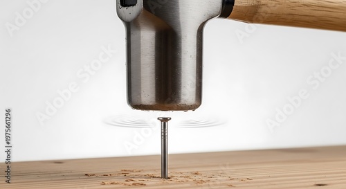 Hammer Driving a Nail into Wood - Construction and Carpentry Concept.