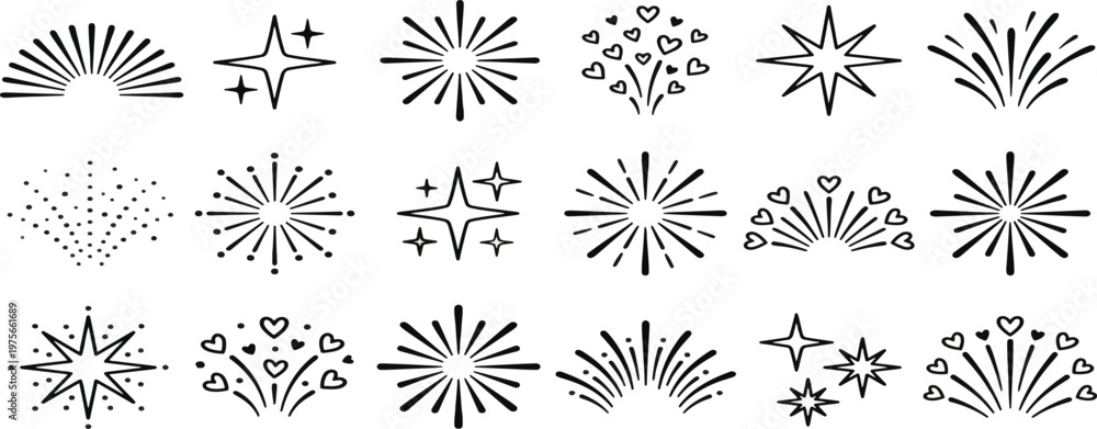 Obraz premium Line icon ray, confetti element set. Starburst line art with hand drawn glitter spark, pop icon shapes and surprise emphasis elements. Decorative sketch style for a sunshine ray vector illustration