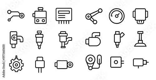 Electronic components and connectors icons shown on white grid
