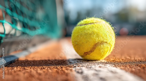 Close Up Macro Shot of a Bright Yellow Tennis Ball Resting on a Clay Tennis Court Near the White Boundary Line with a Tennis Net in the Blurred Background on a Sunny Day