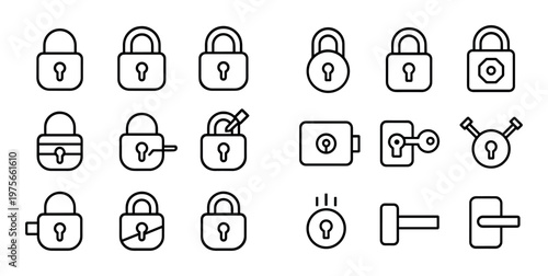 Various lock and latch icons grouped on white background