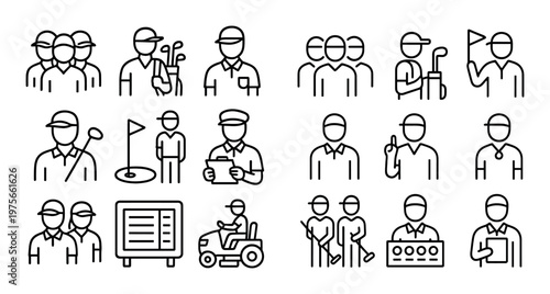 Golf icons showing players performing actions on white background