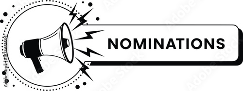 Nominations banner vector with megaphone, announcement label, and marketing promotion design in bold modern style illustration