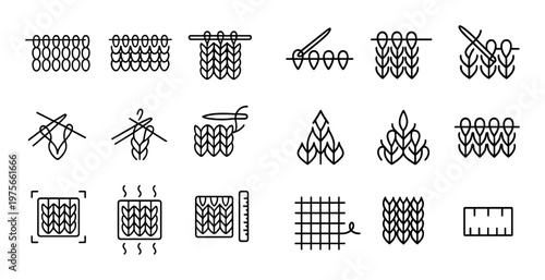 Knitting stitch icons showing patterns and tools on white background