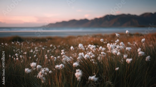 Soft White Cotton Grass Blooms in Golden Hour Light Overlooking a Calm Ocean and Distant Mountains at Dusk