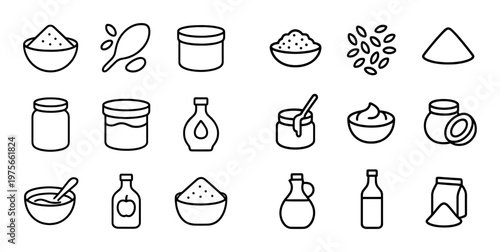 Pantry ingredient icons displaying jars bowls grains and condiments