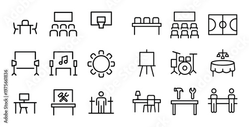 Meeting and event icons showing stages seats desks and equipment