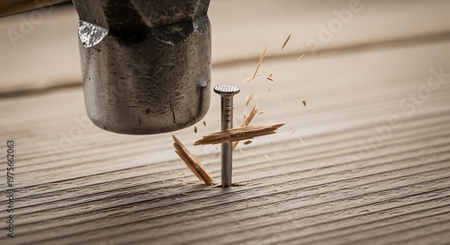 Hammer Driving Nail into Wood - Construction and Carpentry Concept.