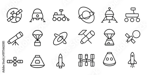 Spacecraft and exploration icons arranged on white grid