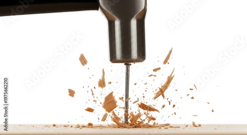 Hammer Driving Nail into Wood with Splintering Effect on White Background.