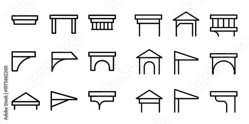 Canopy and cornice icons presented in grid on white background