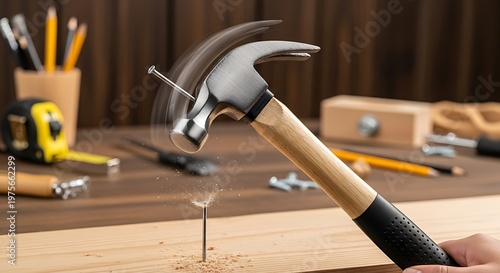Hammer Hitting Nail into Wood Plank with Tools in the Background.