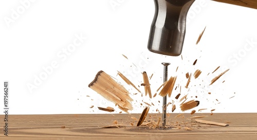 Hammer striking a nail into wood, creating splintering effect on white background.